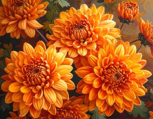 Vibrant orange chrysanthemum flowers in full bloom, creating a warm and inviting floral display