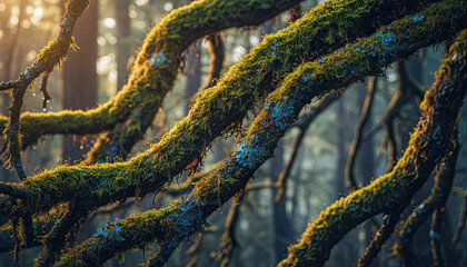 Moss Covered Tree Branches Bathed in Golden Hour Sunlight in a Misty Forest Setting