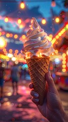 Close Up of Hand Holding Lit Ice Cream Cone at Night with Blurred Festive Background