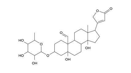 convallatoxin molecule, structural chemical formula, ball-and-stick model, isolated image cardiotonic agent