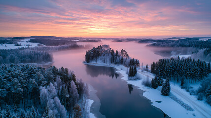 雪の森と川を照らす朝焼けのピンク色の空：冬の空撮風
