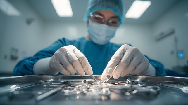 Focused surgeon carefully selects instruments from a tray during a delicate operation, intent. - Powered by Adobe