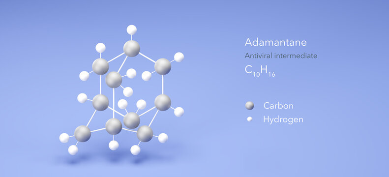 adamantane molecule, molecular structure, antiviral intermediate 3d model, Structural Chemical Formula and Atoms with Color Coding