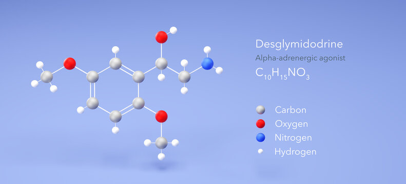 desglymidodrine molecule, molecular structure, sympathomimetic amine 3d model, Structural Chemical Formula and Atoms with Color Coding
