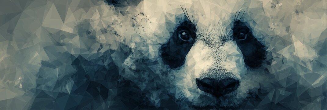 A panda face rendered in fragmented, geometric shapes with muted blue tones. The abstract, low-poly style creates a modern, artistic interpretation of the animal.