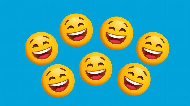 A collection of cheerful yellow emojis with big smiles, floating on a vibrant, solid blue background.