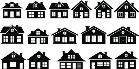 Collection of modern house silhouettes in various architectural styles, home building icons for construction, property design, real estate projects, vector illustration
