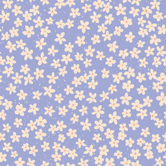 Tiny spring flowers. Pattern with little cream blooms on blue meadow
