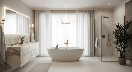 White freestanding bathtub marble vanity gold fixtures modern bathroom interior image