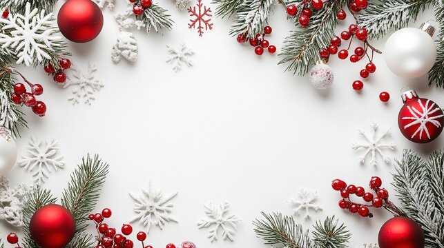 christmas background with red and white decorations on snowflakes, fir branches, berries, and ornaments, christmas frame border design for a banner or greeting card, copy space