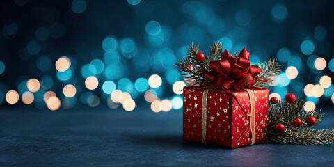 Christmas present gift box with red ribbon and bow, pine tree branch and festive decorations, dark blue background with warm bokeh lights, holiday season celebration.