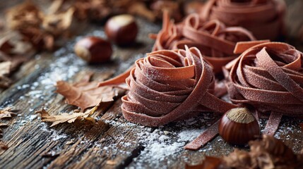 A flat lay of chestnut pasta ribbons, rustic wood table, scattered flour and dried leaves