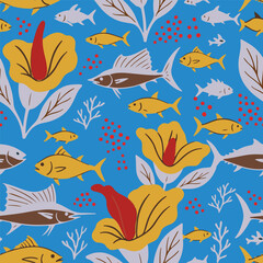 Vector tropical seamless pattern featuring marine life tuna, sailfish and exotic Titan Arum Corpse Flower florals. Perfect for fabric, and wallpaper.