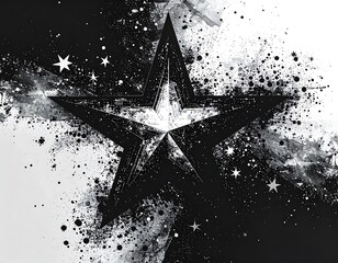 Distressed star illustration with splatters and white accents on a textured monochrome background