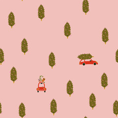 Seamless pattern with Christmas tree and cars. New Year design for cards, fabric, textile and wrapping paper