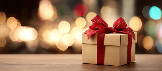 Elegant gift box with red ribbon on empty table, festive bokeh lights background, warm atmosphere, focus stacking depth, perfect for text space or holiday product display.
