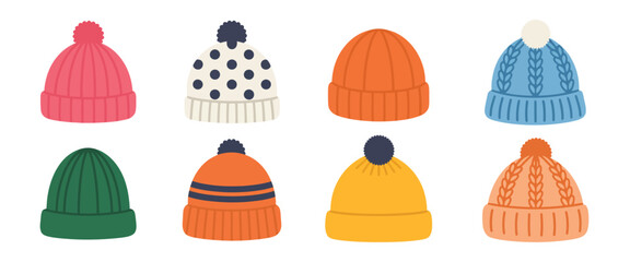  Winter hats collection showcasing multiple colors, diverse styles, soft yarn textures, and cozy seasonal fashion pieces,