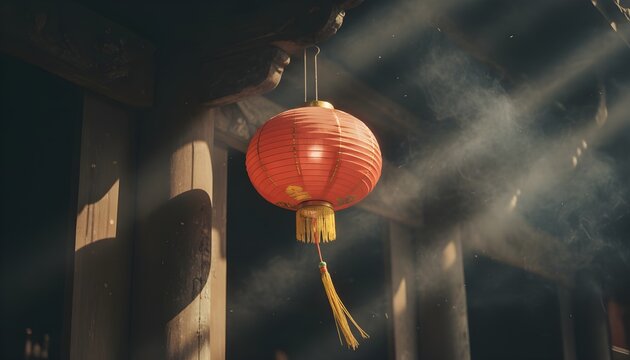 Classic Chinese Red Lantern Hanging from Wooden Beam, Illuminated by Sunlight and Thin Smoke