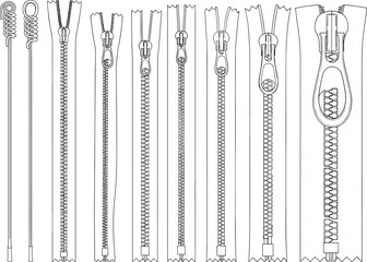 Collection of zipper teeth and sliders in black and white line art zipper slider
