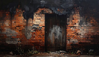 Weathered brick wall with sealed doorway captures urban decay and abandonment