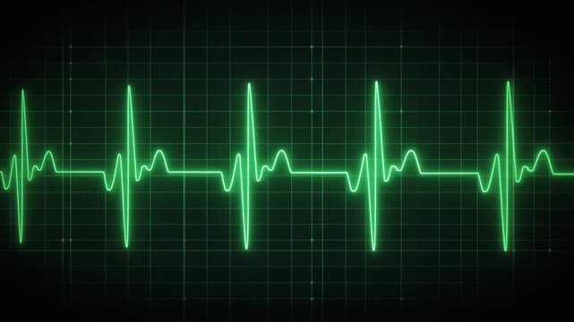 A vibrant green electrocardiogram line displays a normal, steady heartbeat on a dark monitor with a grid.