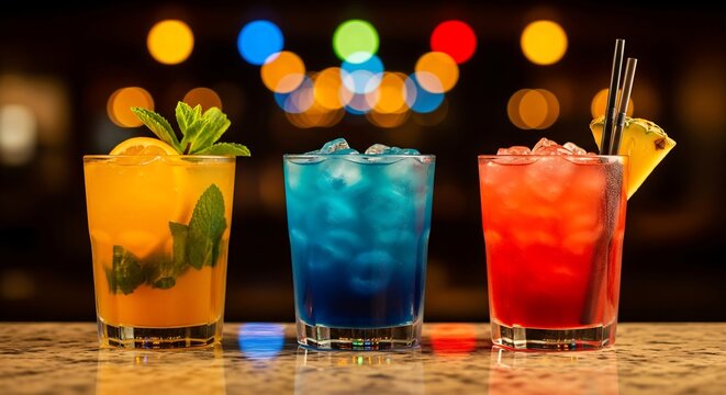 Colorful and Refreshing Summer Cocktails for Tropical Getaways and Bar Promotions Featuring Orange Mint and Pineapple Garnish