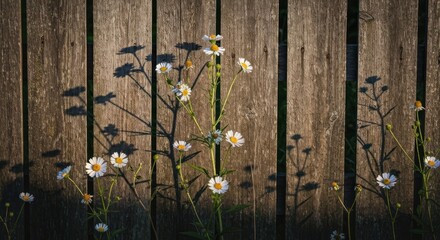 White flowers by wooden fence, long shadows