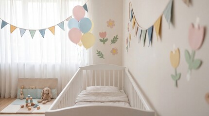 Bright and colorful nursery with decor and crib by window