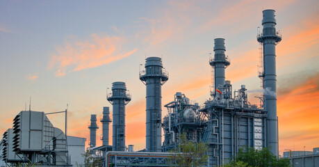 Natural Gas Combined Cycle Power Plant ,Gas turbine electrical power plant with in Twilight power for factory energy concept. © Rangsarit