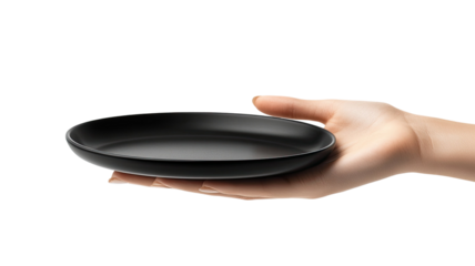 Close-up view of a human hand firmly holding a metal frying pan with clean minimalist style isolated on white background