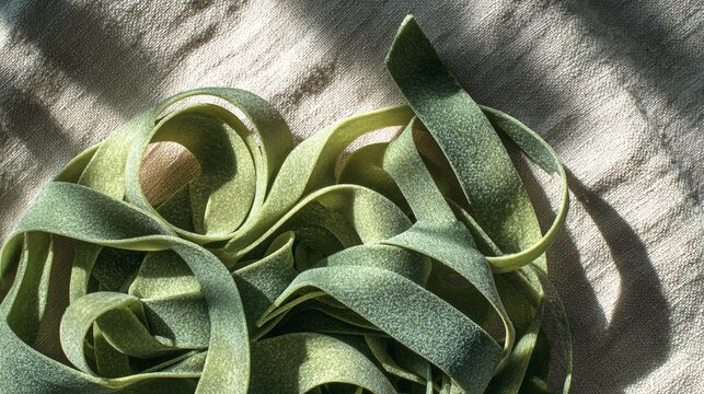 A flat lay of spinach pasta ribbons on neutral linen, rustic simplicity and soft shadows - Powered by Adobe