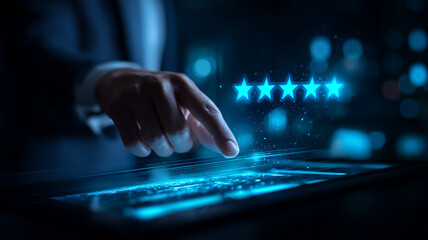 A digital evaluation concept showing a finger selecting five stars on a glowing interface symbolizing rating quality performance and user driven assessment.
