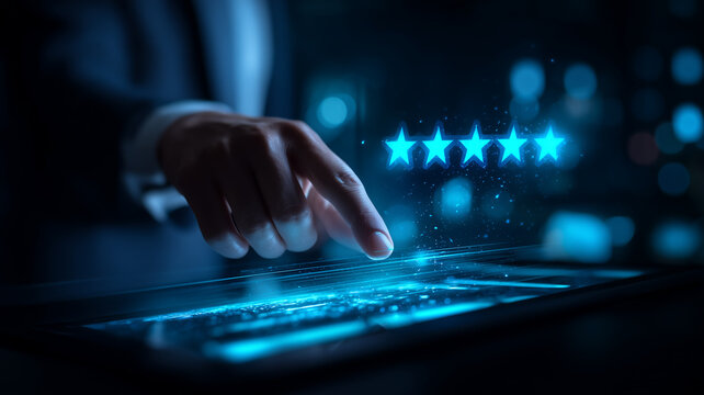 A digital evaluation concept showing a finger selecting five stars on a glowing interface symbolizing rating quality performance and user driven assessment.
