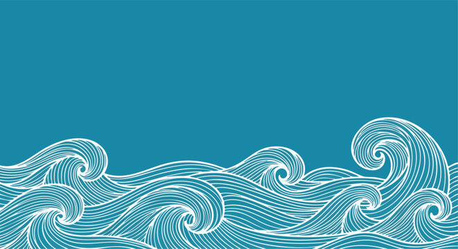 Stylized aquatic ocean waves pattern on a tranquil teal background designed for marine themed graphic projects