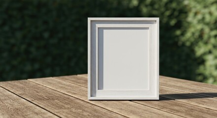 White picture frame on wooden table, out-of-focus greenery background