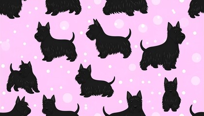 Whimsical scottish terrier pattern on a soft pink backdrop ideal for textile design
