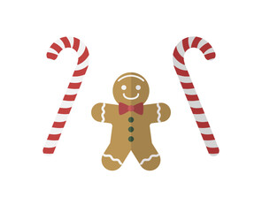 Smiling Gingerbread Man with Red Bow Tie and Candy Canes Vector Illustration. Cute Christmas Cookie Character. Sweet Holiday Dessert and Winter Celebration Concept.