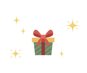 Festive Christmas Gift Box with Red Ribbon and Sparkles Vector Illustration. Holiday Present Wrapping in Red and Green Colors. Xmas Surprise and Celebration Concept.