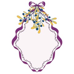 A symmetrical decorative border or frame design of a purple ribbon and  yellow leaves mistletoe.