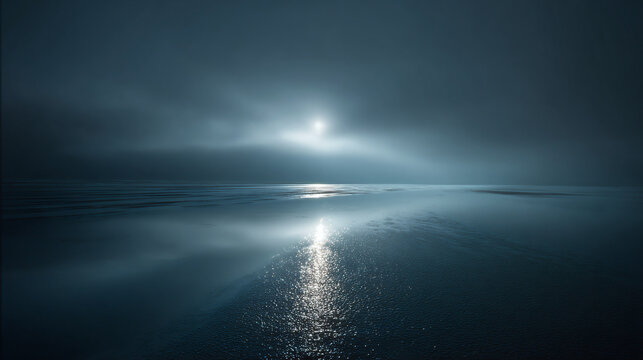 Moonlight illuminating the sea surface during a tranquil evening, creating a serene and mystical ambiance