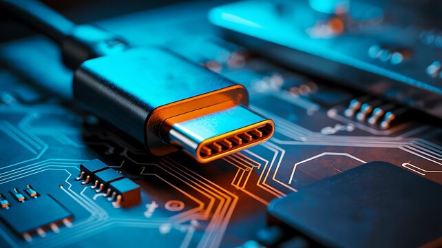 Usb c connector on electronic circuit board with neon lighting

