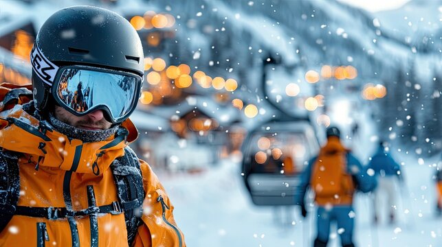 A man wearing ski goggles and a helmet poses in a snowy ski resort. Other skiers and a ski lift are visible in the background, with falling snow and a blurred b - Powered by Adobe