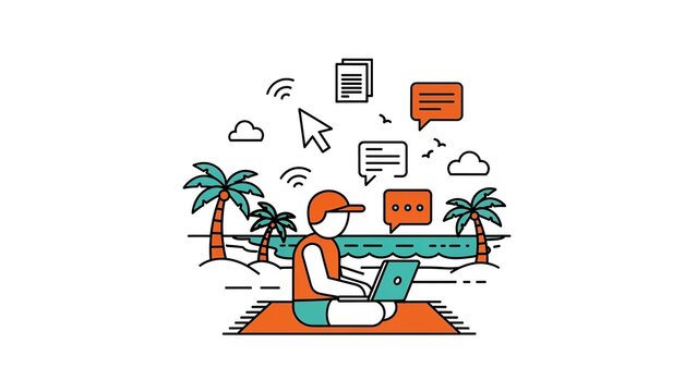 Digital nomad working on a laptop by the sea, surrounded by internet and communication icons, illustrating remote work and connectivity.