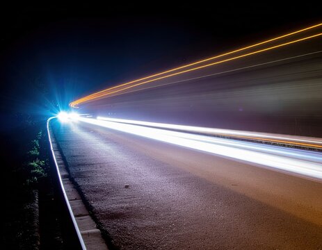 Long Exposure Night Photography Captures Streaking White and Orange Light Trails on Dark Asphalt Road with Starburst Effect in the Distance