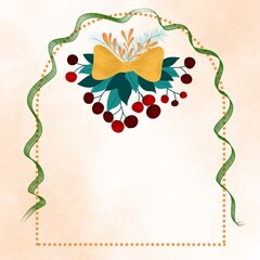 A arched shape outlined with a dashed border, green wavy ribbon, and snowberry branches.