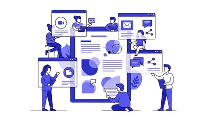 People collaborating and managing digital content and data on various screens, illustrating teamwork and online project management.