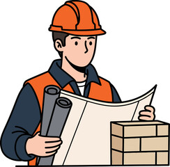 Construction Worker Reviewing Blueprints: Architectural Builder Plan Vector Illustration