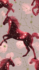 Glowing constellations create an ethereal red horse pattern against a pale lavender-blue background, celebrating the magic of the cosmos