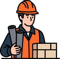 Construction Engineer or Foreman Holding Blueprints and Bricks Icon