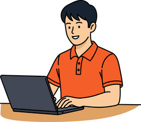 Smiling Young Man Working on Laptop Vector